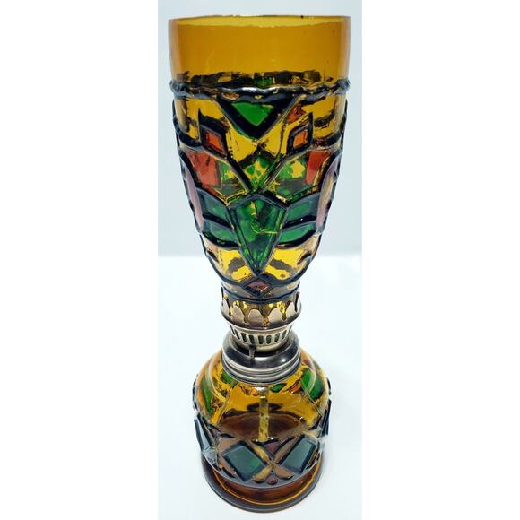 Vintage Sailboat Miniature Amber Stained Glass Oil Lamp Hong Kong 8.5" Tall - Picture 3 of 11